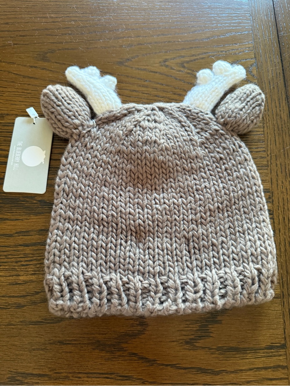 The Blueberry Hill Taupe Knit Deer Hat with Cream Antlers - Kids Accessories